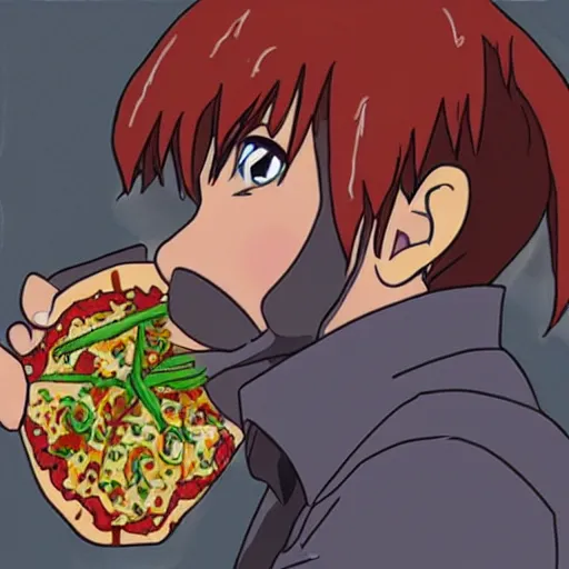 Image similar to “Shinji from Eva eating pizza from a bucket”