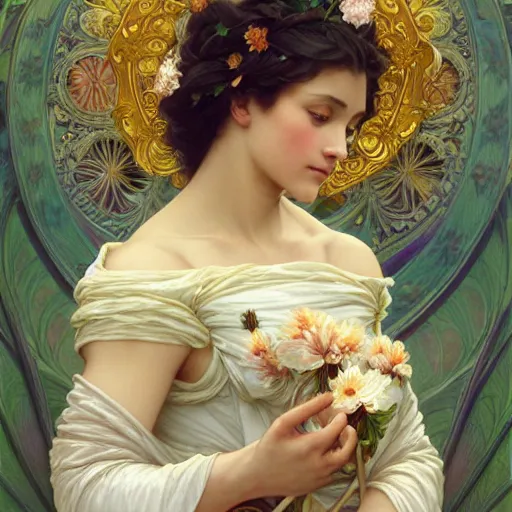 Image similar to a flower goddess, intricate, elegant, highly detailed, digital painting, artstation, concept art, smooth, sharp focus, illustration, art by artgerm and greg rutkowski and alphonse mucha and william - adolphe bouguereau and stephanie law