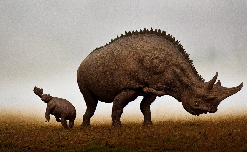 Image similar to nature photography of a rain soaked triceratops and her baby, african savannah, rainfall, mud, fog, digital photograph, award winning, 5 0 mm, telephoto lens, national geographic