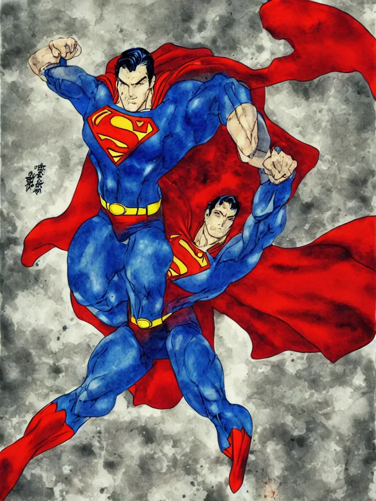 Prompt: a Superman as illustrated by Yoshitaka Amano. 1992. Watercolor and Acrylic on Paper