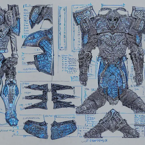 Image similar to blue board blueprint with lots of annotations of legs of an ornate armour covered in runic tattoos, Travis Charest style