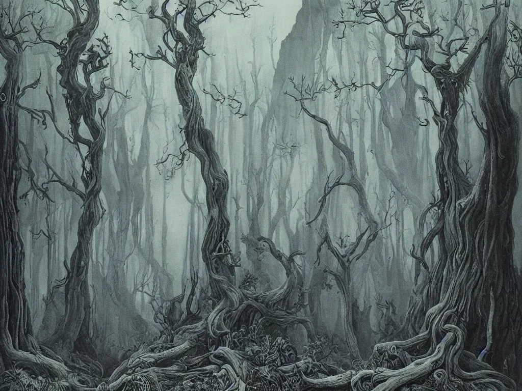 Image similar to ancient forest, artstation, by aubrey beardsley, by caspar david friedrich, by laurie lipton, by kay nielsen, by ivan shishkin, calligraphy, divine, spiritual, paradox, mysterious!, atmospheric, surreal, terrifying, witchcraft!, hope, mountains! background