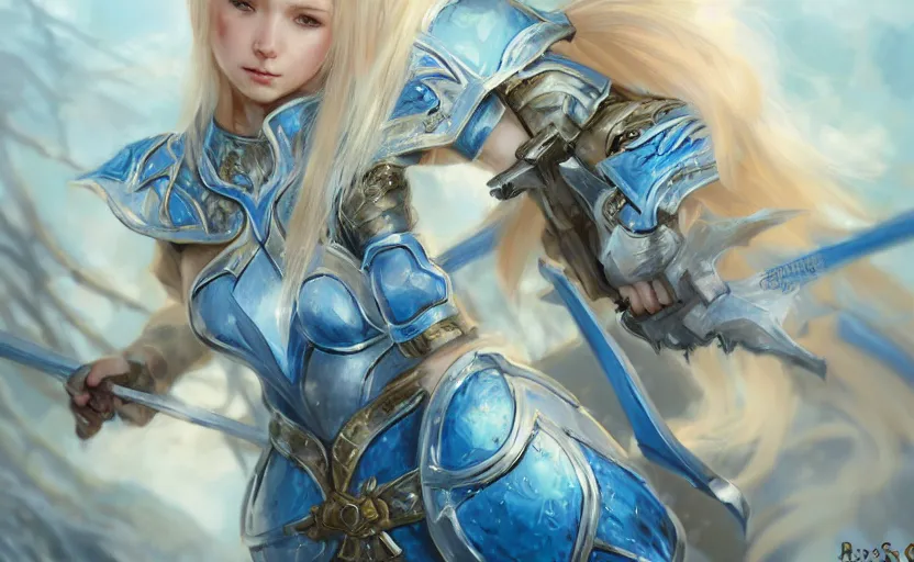 Image similar to young blonde female elf warrior in blue and white armor, surrounded by rabbit knights, epic wallpaper, high fantasy, flowers and trees, intricate detail, digital painting, artstation, concept art, smooth, sharp focus, illustration, art by wlop and raymond swanland and ross tran