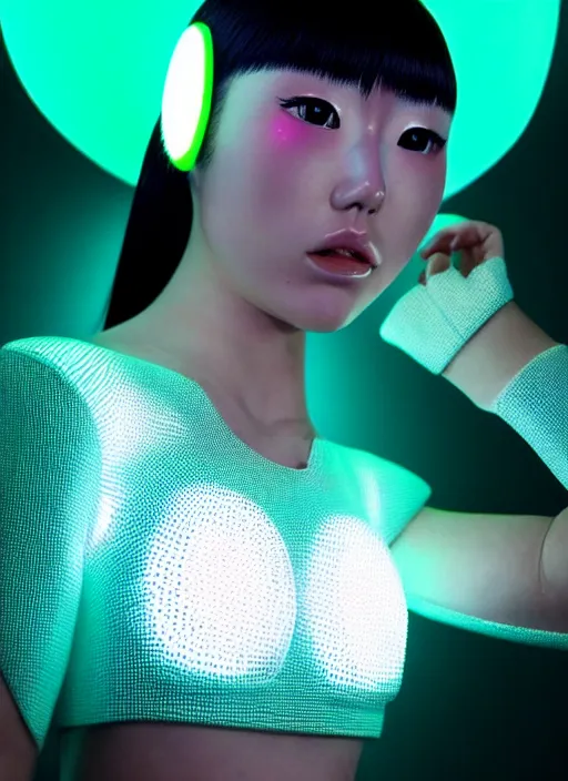 Image similar to japanese female humanoid with freckled cheeks, cyber neon lighting, retro futurism, intricate futuristic led lit jewelry, retro futuristic glossy white latex swimwear, profile posing, hyper photorealistic, crispy quality, digital photography, trending in artstation, trending in pinterest, cinematic, 4 k ultra hd, art by pascal blanche, art by greg rutkowski,