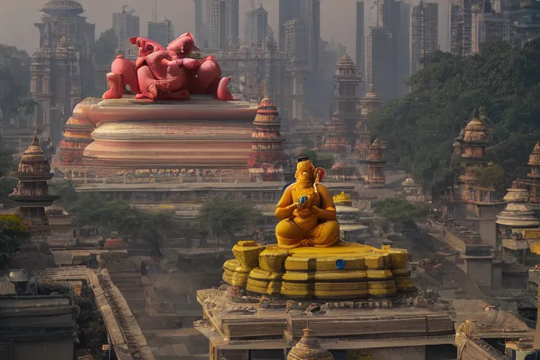 Prompt: beautiful futuristic new delhi, sharp sci - fi ganesha!! building, kalighat flowers, octane highly detailed cinematic, stephen shore & john j. park, soft morning light, wide shot, high angle, uhd 8 k, shallow depth of field