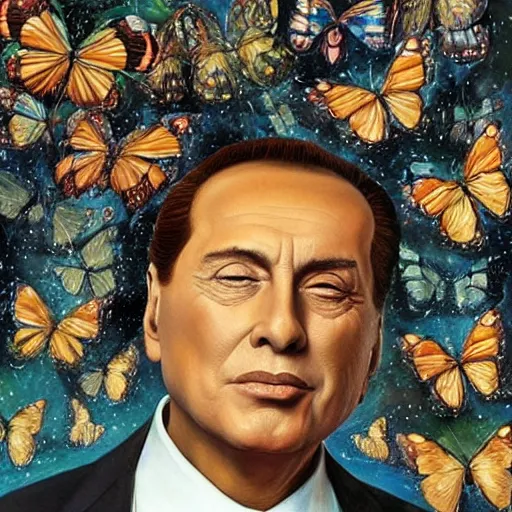 Prompt: Silvio Berlusconi surrounded by butterflies, celestial light, divine, Tran Nguyen