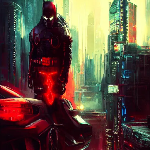 Prompt: cyberpunk batman, red symbol, futuristic, brush strokes, oil painting, city background, greg rutkowski