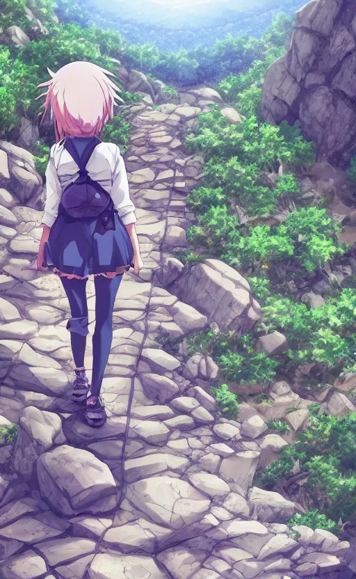 Prompt: an anime girl in the foreground hiking the Appalachian Trail alone, exaggerated three point perspective, beautiful anime scene, trending digital art, 4k ultra