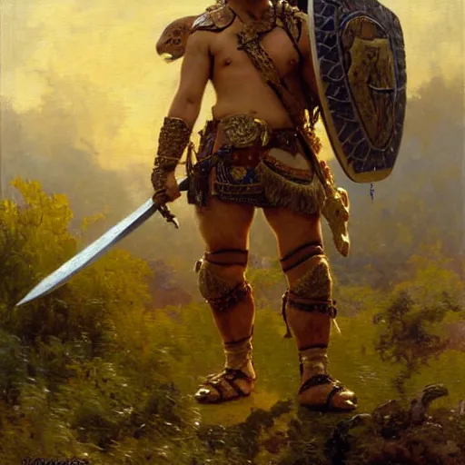 Image similar to an animatronic turtle barbarian fighter with a sword and shield, highly detailed painting by gaston bussiere, craig mullins, j. c. leyendecker, 8 k