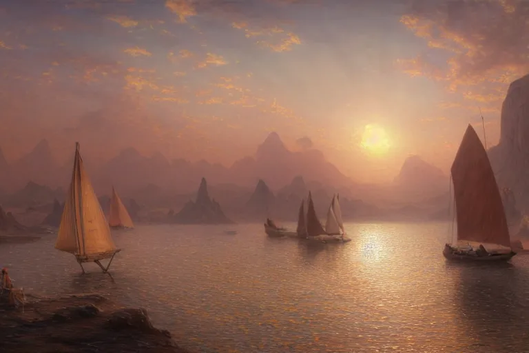 Prompt: A highly detailed 4K fantasy matte painting of a felucca sailing toward the sun on a raft along the ancient River Nile, in ancient Egypt during the golden hour in summer, city in background, volumetric sun rays and dust, water reflection, Thomas Kinkade, Greg Rutkowski, ArtStation, CGSociety, Unreal Engine