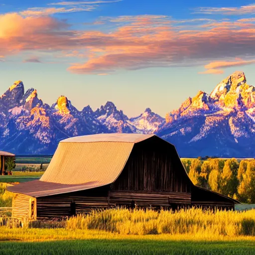 Image similar to a panoramic painting of the grand tetons with warm morning light shining on the mountains and a barn from mormon row in the forground