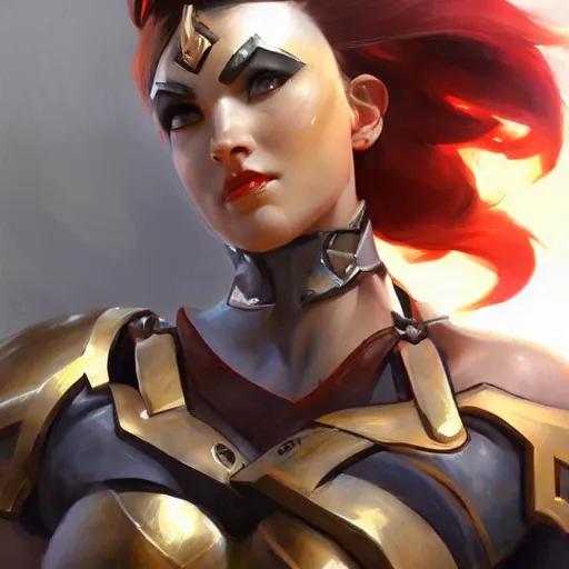 Prompt: greg manchess portrait painting of armored female kratos as overwatch character, medium shot, asymmetrical, profile picture, organic painting, sunny day, matte painting, bold shapes, hard edges, street art, trending on artstation, by huang guangjian and gil elvgren and sachin teng