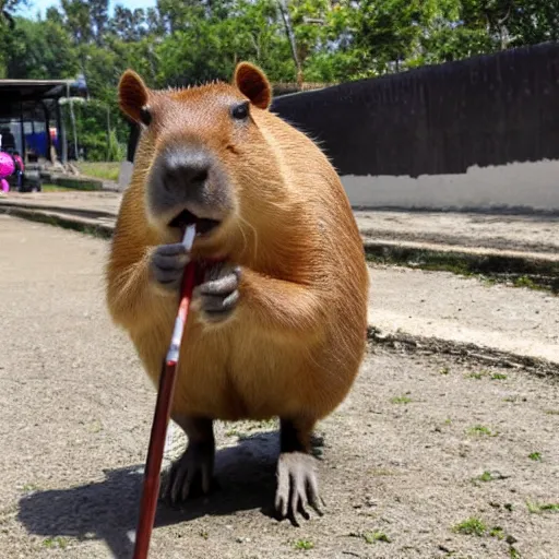 Prompt: a capybara playing drums