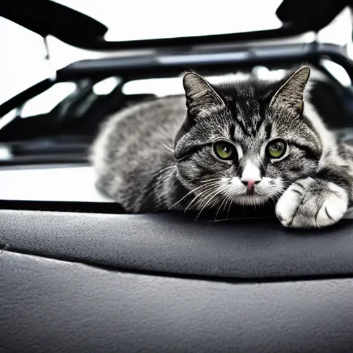 Prompt: photo cat of which lying on the car