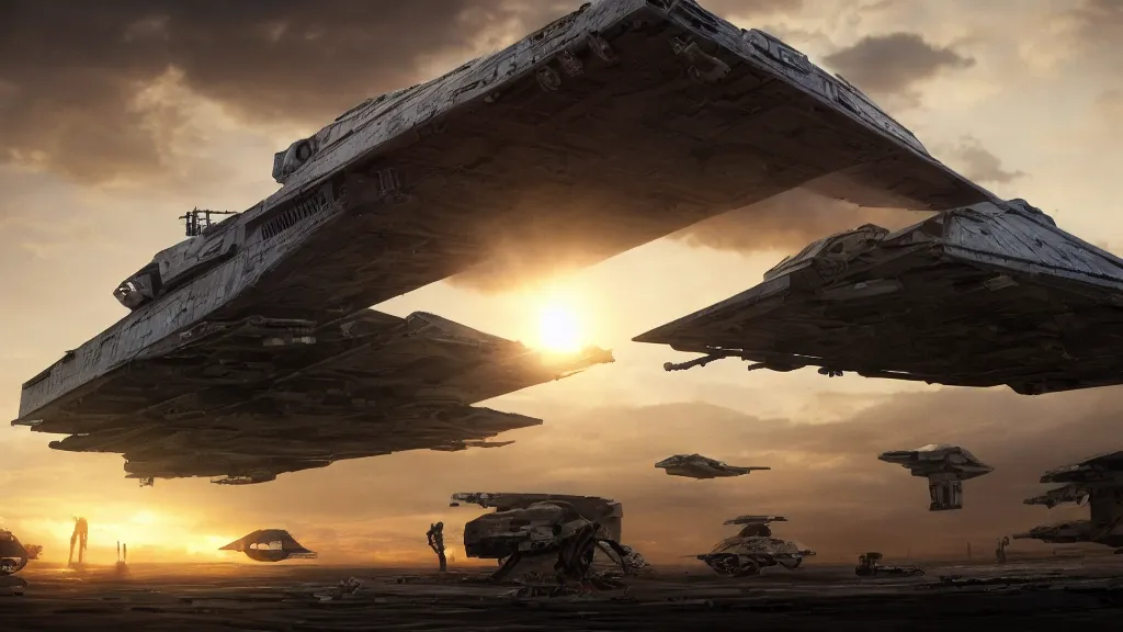 Image similar to a photorealistic hyperrealistic render of a star wars imperial star destroyer landing at a junkyard by greg rutkowski, vitaly bugarov, stephan martiniere, nicolas bouvier sparth, james paick, dramatic moody sunset lighting, long shadows, volumetric, cinematic atmosphere, octane render, artstation, 8 k