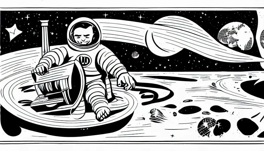 Image similar to travel to the moon in a dream, style of graphic novel, style of will eisner, black outline, on white, smooth, thin sharp lines, detailed