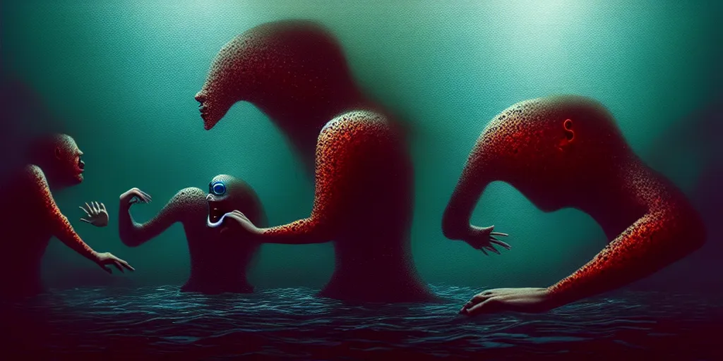 Image similar to uncanny personified emotion monsters swim towards the surface, dramatic lighting, attempting to escape to the surface and start a revolution, in a dark surreal painting by ronny khalil