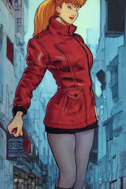 Prompt: portrait of an attractive young female protagonist, center focus, wearing leather jacket, red ponytail, in city street, detailed artwork by ralph bakshi