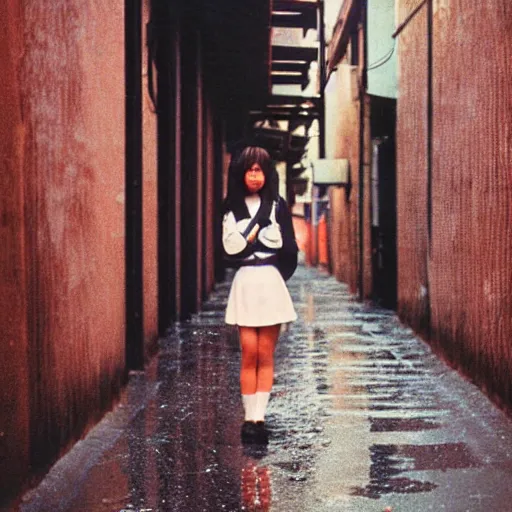 Image similar to 1990s perfect 8K HD professional cinematic photo of close-up japanese schoolgirl posing in sci-fi dystopian alleyway at morning during rain, at instagram, Behance, Adobe Lightroom, with instagram filters, depth of field, taken with polaroid kodak portra