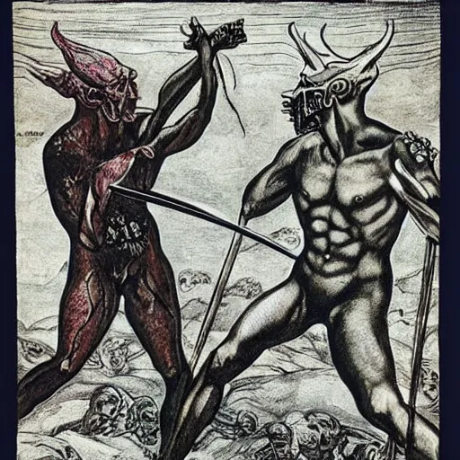 Prompt: A body art of two people, one a demon and the other a human, fighting each other with swords. winter, buff by Ernst Fuchs a e s t h e t i c