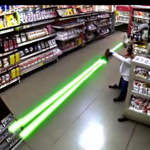 Image similar to cctv footage of a lightsaber fight inside a deli, security cam footage