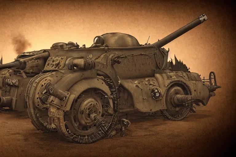 Image similar to hellfire thomas the ww 2 tank, mad max, in the style of hannes bok and doug chiang and vernon grant, trending on artstation, back lighting rear view steampunk, blueprint, muted colors, gothic, tachisme