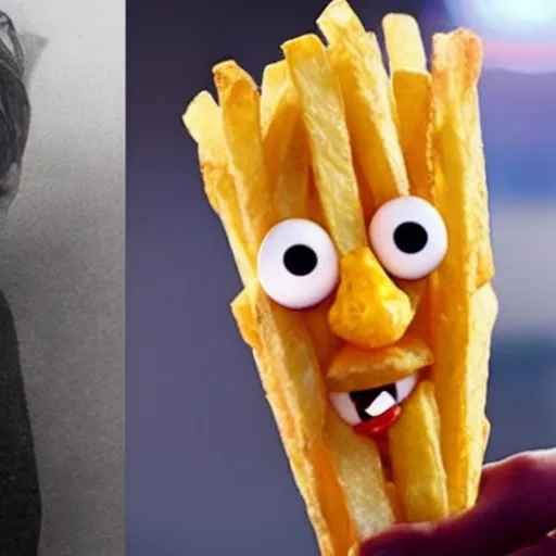 Image similar to photo of [ a single french fry chip ] shaped into stephen fry as a pixar character hybrid intercross mix cinematic lighting