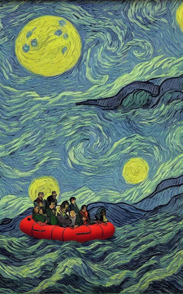 Prompt: illegal immigrant group in inflatable boat sea big storm, moon, lovecraftian style, light, huge waves, starry night, by vincent van gogh, painting, volumetric light, uplight, global illumination, intricate, detailed, atmospheric lighting, illegal immigration, boat people