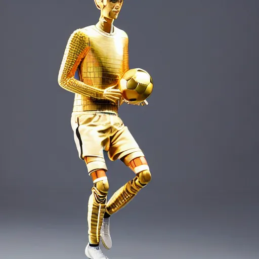 Image similar to a realistic detailed photo of a guy who is an attractive humanoid who is half robot and half humanoid, who is a male android, soccer players martin ødegaard, shiny skin, posing like a statue, blank stare, in a museum, on display, showing off his muscles, gold soccer shorts, no jersey, ground view, ceramic statue