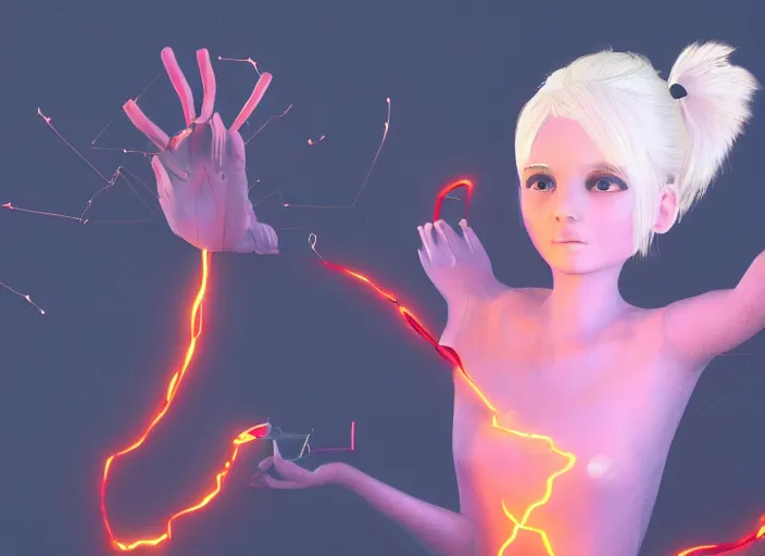 Prompt: girl with silk glowing white hair showing her hands with glowing puppeteer stings coming out of it, concept digital art trending on artstation oilpaint centric layout symmetric black background