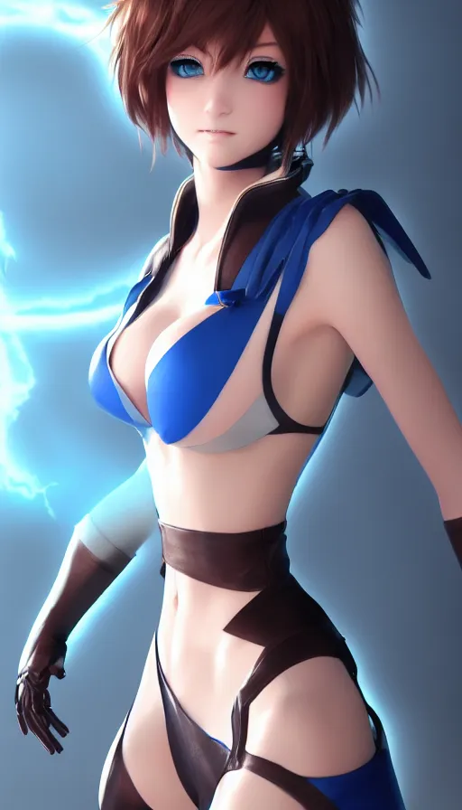 Image similar to render as a very beautiful 3d anime woman with short brown hair, blue eyes, heavy makeup, short smile, cinematic lightning, highly detailed, trending on Artstation, Unreal Engine 4k, cinematic wallpaper