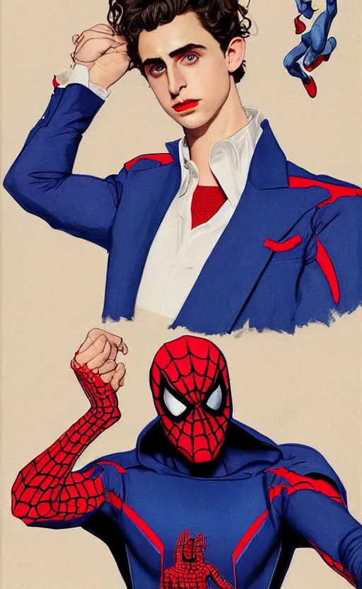 Image similar to Timothee Chalamet wearing redesigned spiderman suit, +++ super super super dynamic posing, j.c. leyendecker, Valentina Remenar, thick eyebrows, super serious facial expression, upscaled