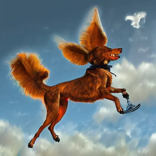 Image similar to flying dog with propeller on it's back flying like a helicopter, digital art, highly detailed