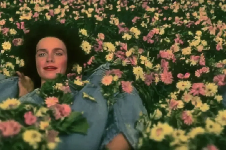 Image similar to vhs 1 9 8 0 s cinema footage of a womans head surrounded by giant beautiful flowers eerie smiling, scene from the movie midsommar, directed by ari aster, vintage film grain