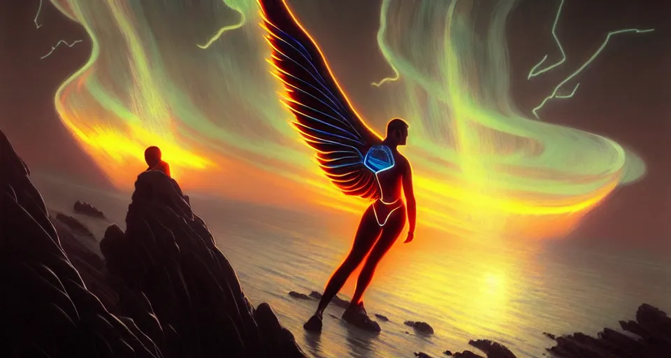 Prompt: tron wings in front mind bending sunset, cliffside ocean scene, backlit, aesthetic, elegant, diffuse lighting, hyper realistic, elegant, intricate, hyper detailed, smooth, sharp focus, concept art, illustration, trending on artstation, art by artem demura, greg rutkowski, james gurney, and alphonse mucha