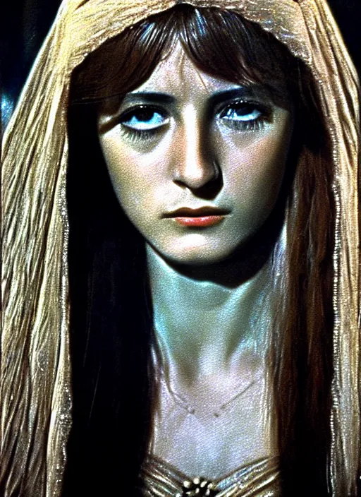 Image similar to 1971 film still from an Italian drama film of a young French actress as the goddess of razor blades. ultra detailed painting at 16K resolution and amazingly epic visuals. epically beautiful image. amazing effect, image looks gorgeously crisp as far as it's visual fidelity goes, absolutely outstanding. vivid clarity. ultra. iridescent. mind-breaking. mega-beautiful pencil shadowing. beautiful face. Ultra High Definition. godly shading. amazingly crisp sharpness. photorealistic film cel processed twice..