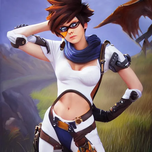 Image similar to oil painting of tracer overwatch in a field wearing large leather belt choker around neck, in style of mark arian, expressive face, detailed face, detailed eyes, full body, feminine face, tracer overwatch,