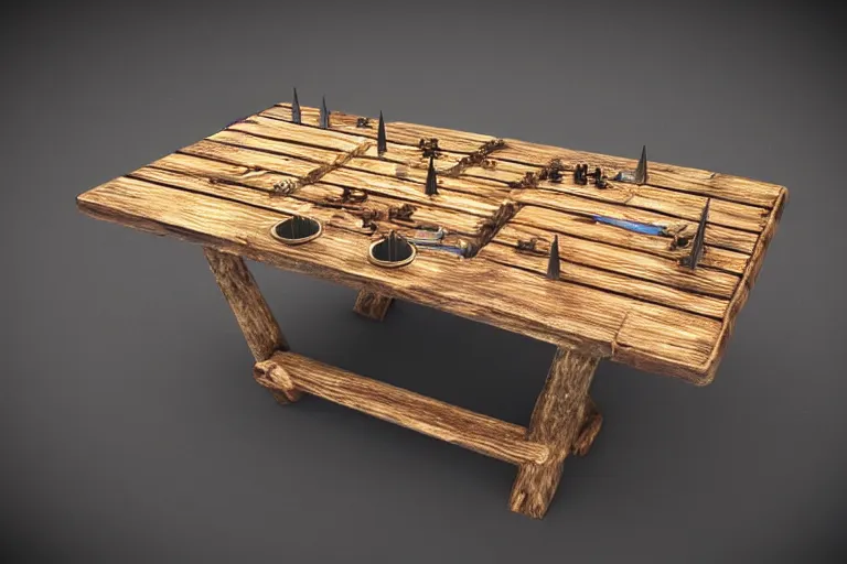 Image similar to a rustic rectangle wooden table with spikes sticking out of it. Dungeons and dragons fantasy digital art, artstation highquality 4k