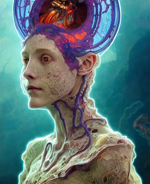 Image similar to ornate colorful transparent portrait of a terrifying beautiful alien sea creature, mottled coloring, adorable, childlike, horror environment, ultra realistic, concept art, art nouveau, photorealistic, octane render, 8 k, unreal engine. art by christopher marley and artgerm and greg rutkowski and alphonse mucha