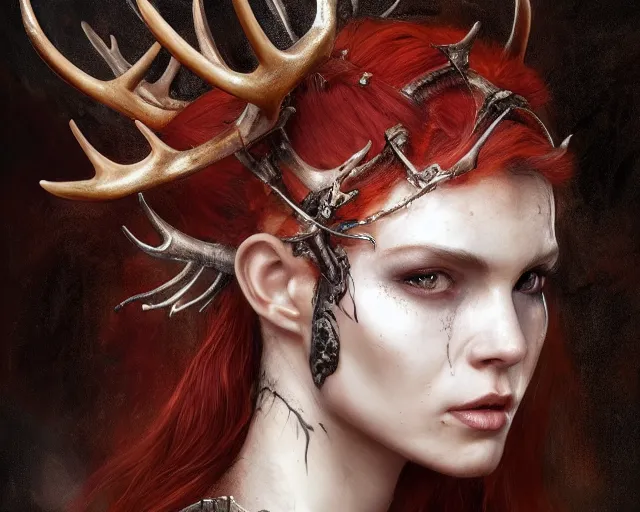 Image similar to 5 5 mm portrait photo of an armored gorgeous aesthetic redhead woman warrior with a face tattoo and antlers growing from her head and cat on her shoulder, in a magical forest in the style of luis royo. art by greg rutkowski. highly detailed 8 k. intricate. lifelike. soft light. nikon d 8 5 0.