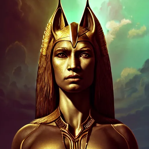 Image similar to Majestic gracious powerful Anubis female warrior portrait, atmospheric lighting, painted, intricate, volumetric lighting, beautiful, rich deep colors masterpiece, golden hour, sharp focus, ultra detailed, by Leesha Hannigan, Ross Tran, Thierry Doizon, Kai Carpenter, Ignacio Fernández Ríos