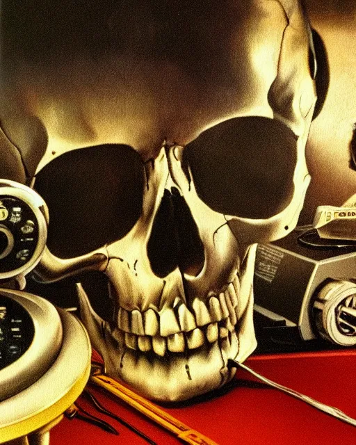 Image similar to a pensive skull observing 8 0 s era technology, vintage shapes, retro technology, vintage color, wayne barlow, oil on canvas, deep depth of field, masterpiece, cinematic composition, hyperdetailed