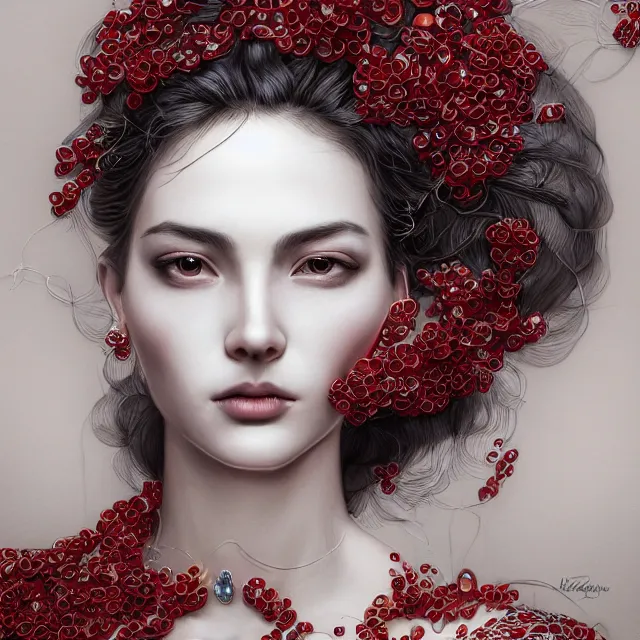 Image similar to studio portrait of absurdly beautiful, elegant, young woman made of rubies and red gems, ultrafine hyperrealistic detailed face illustration by kim jung gi, irakli nadar, intricate linework, sharp focus, bright colors, matte, octopath traveler, final fantasy, unreal engine highly rendered, global illumination, radiant light, intricate environment