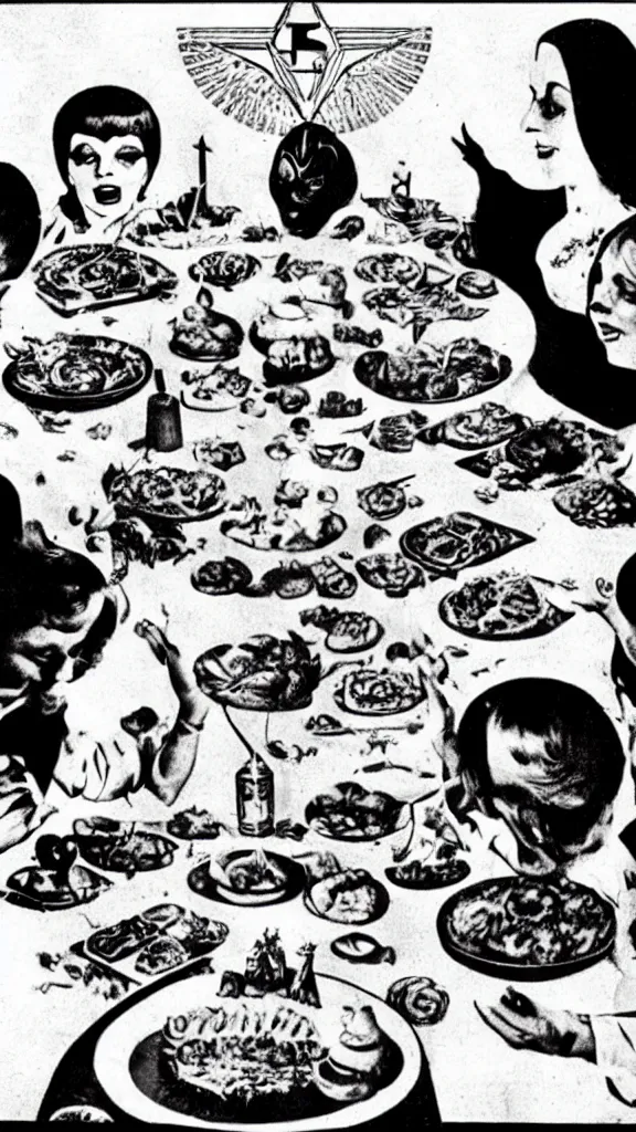 Image similar to occult satanic food ritual, 1 9 6 0 s food magazine photo