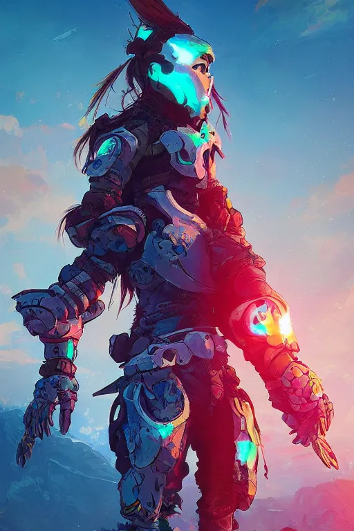 Image similar to combination suit armor aloy horizon forbidden west horizon zero dawn radiating a glowing aura global illumination ray tracing hdr fanart arstation by ian pesty and alena aenami artworks in 4 k tribal robot ninja mask helmet backpack