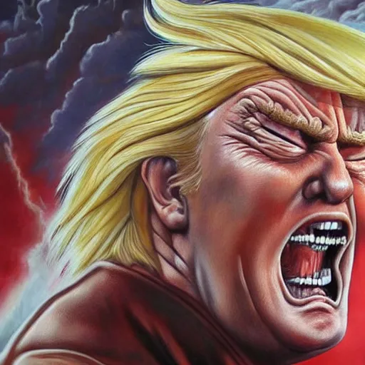 Prompt: detailed portrait of donald trump as a titan from attack on titan anime intricate, hyper detailed, realistic, oil painting, by julie bell, frank frazetta, cinematic lighting