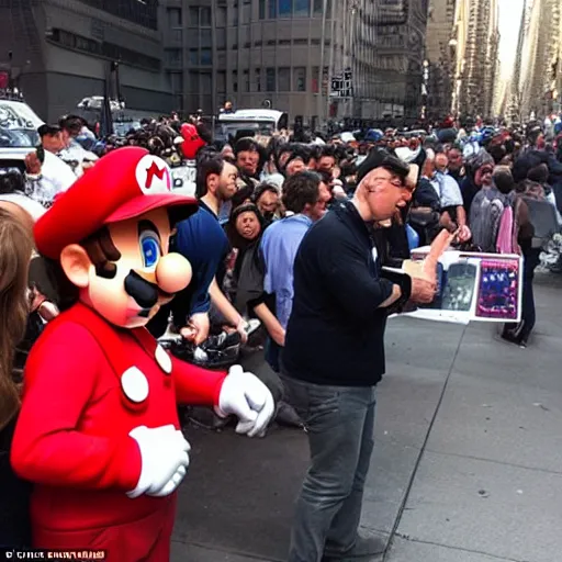 Image similar to supermario in NYC streets and crowded by people who waits for his autograph