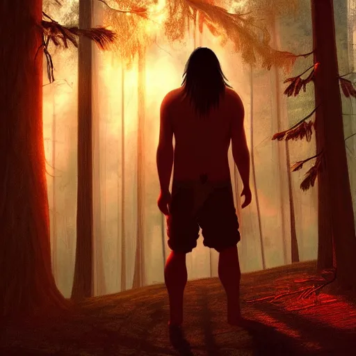 Image similar to medium shot native american man, in a dark forest, mysterious, backlit, still from a pixar dreamworks movie, trending on artstation