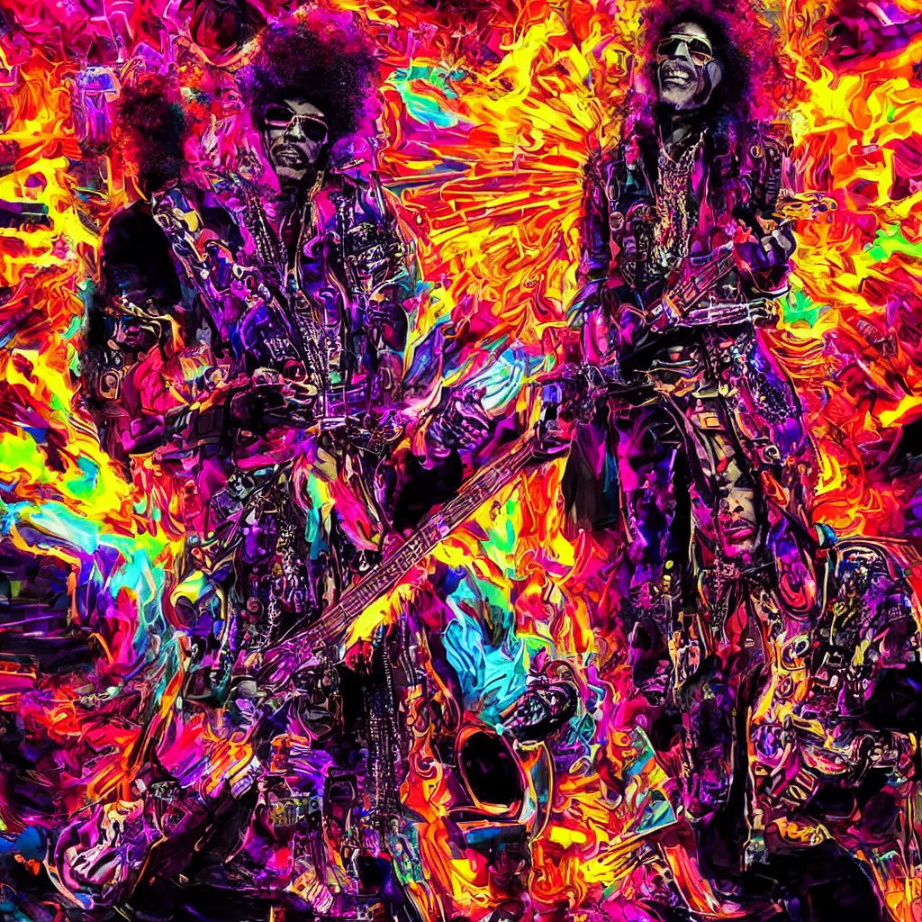 Prompt: Cyberpunk Jimmy Hendrix with Mohawk in the head and using a vr headset while playing guitar in a ring of fire, psychedelic background, saturated colors, high definition