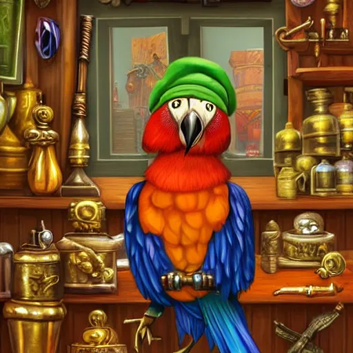 Image similar to Anthropomorphized parrot trader in his shop, selling his wares, portrait, items, weapons, magic potions, carpet, window, fancy hat, sly expression , cunning expression, cute expression, long thick shiny gold beak, presenting wares, holding a gold bag, D&D, fantasy, cinematic lighting, highly detailed, digital painting, artstation, concept art, smooth, sharp focus, illustration, warm light, cozy warm tint, magic the gathering artwork, volumetric lighting, 8k, art by Akihiko Yoshida, Greg Rutkowski